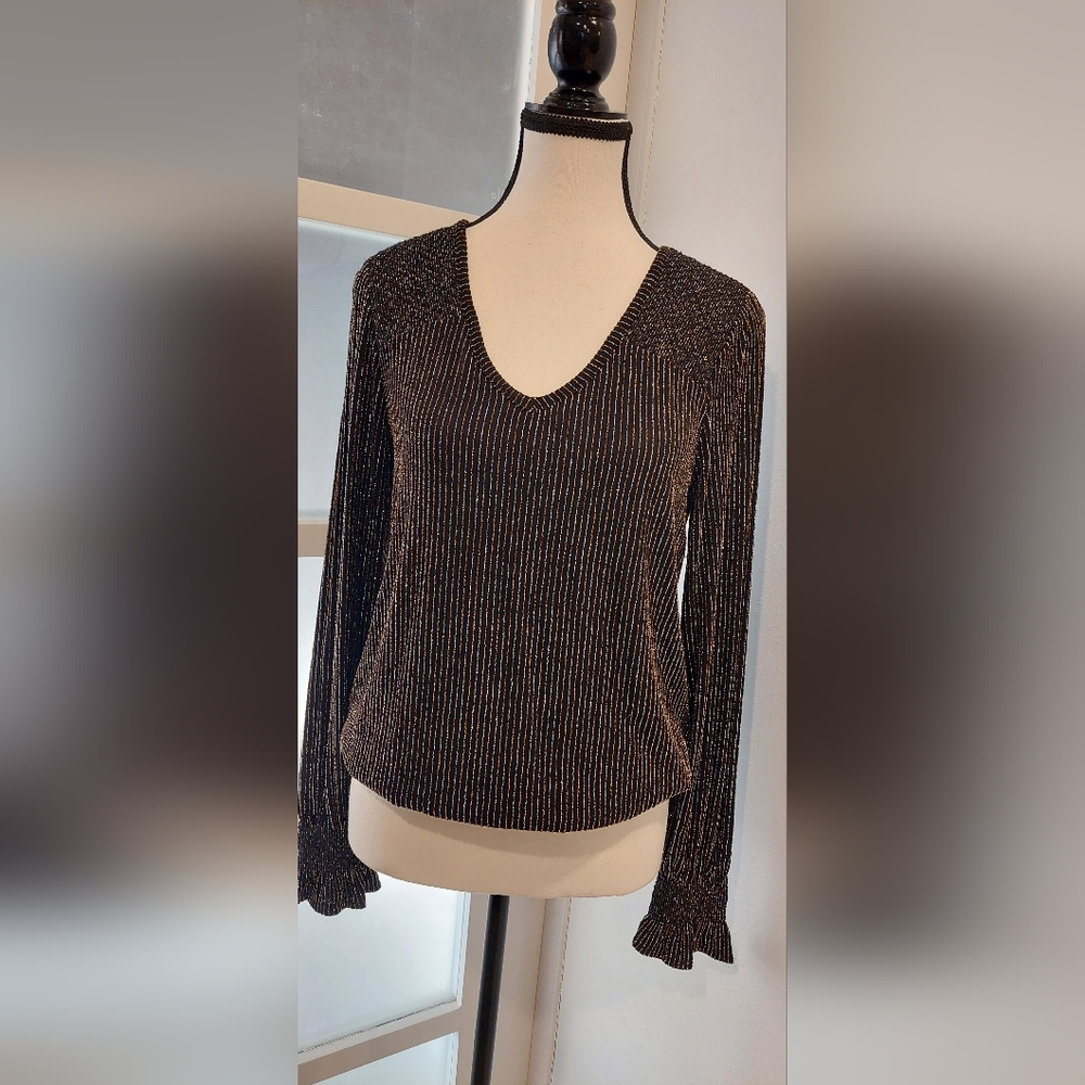 LOFT Silver Ribbed Blouse with Long Sleeves - Picture 1 of 8